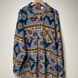 King Size 4XL Fleece Shirt Shacket Aztec Southwest Heavyweight Button Up Grey